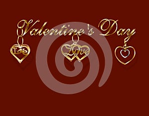 Lettering Valentine`s Day. Gold pendants in the form of hearts in white and yellow gold. 3D with shadow. illustration
