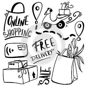 Lettering words online shopping, free delivery, box, food package, bike delivery cute outline doodle digital art. Print for sticke