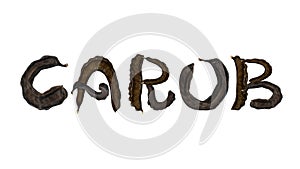 Lettering or world Carob. Dried brown carob fruits isolated on white background. Healthy cocoa substitute