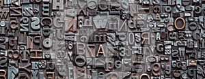 Letterpress background, close up of many old, random metal letters