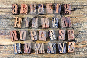 Alphabet abc wood English spelling letters letterpress type photo