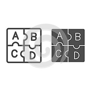 Letters abc, puzzle alphabet line and solid icon, linguistics concept, puzzle pieces letter vector sign on white