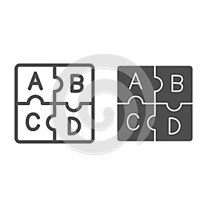 Letters abc, puzzle alphabet line and solid icon, linguistics concept, puzzle pieces letter vector sign on white photo