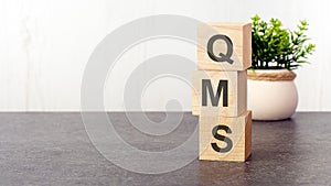 letters of the alphabet of QMS on wooden cubes, green plant, white background. QMS - short for Quality Management System photo