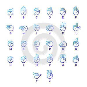 Letters in American sign language pixel perfect gradient linear vector icons set