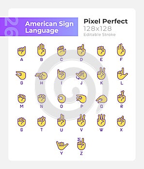 Letters in American sign language pixel perfect RGB color icons set