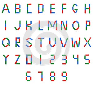 Letters A, B, C, D, E, F, g, H, I, J, k, L, M, N, O, p, q, R, S, T, U, V, W, X, Y, Z and numbers made of colored wooden blocks,