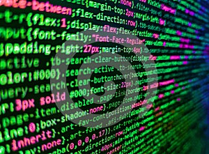 Letters, chars, and digits. Programming source code abstract screen of software developer. Matrix byte of binary data rian code
