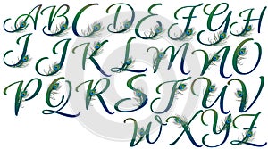 Letters decorated with peacock feathers photo