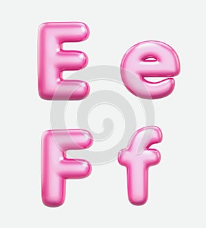 Letters E, F,bublle. Font bubble gum. 3D render set of pink cartoon. Bubble Gum isolated on white background