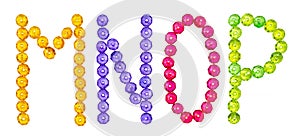 the letters of the English alphabet are laid out from colored beads on a white background, the alphabet
