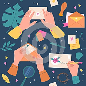 Letters envelopes. Seamless pattern cartoon. Hands signing, sealing mails postcards and stamps, postal supplies