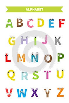 Letters with face, eyes. ? Alphabet. English abc. Education cards for kids Isolated White background Flat design.