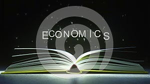 Letters fly off the open book pages to form ECONOMICS text. 3D animation