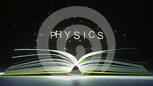 Letters fly off the open book pages to form PHYSICS text. 3D rendering