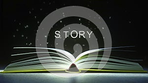 Letters fly off the open book pages to form STORY text. 3D rendering