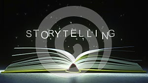 Letters fly off the open book pages to form STORYTELLING text. 3D animation