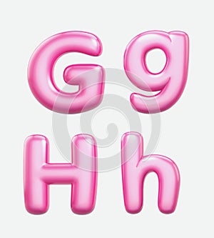 Letters G, H,bublle. Font bubble gum. 3D render set of pink cartoon. Bubble Gum isolated on white background