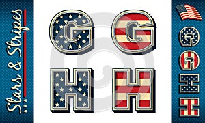 Letters G and H. Stylized initials with USA flag elements