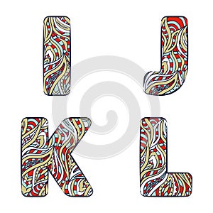 Letters I, J, K, L. Set colorful alphabet of doodles patterns.