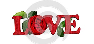 Letters LOVE made of painted wood and red rose flower isolated on white
