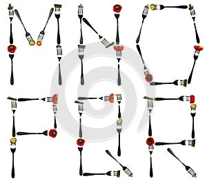 Letters made of food in forks