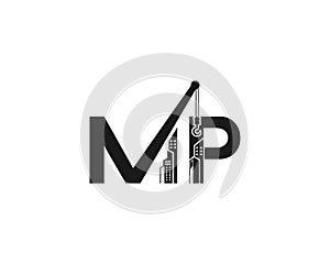 letters MP real estate Construction Logo. MP letter with crane and building.