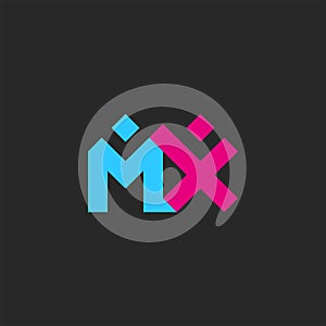 The letters MX logo, two letters M and X together in the form of abstract figures of a man and a woman in pink and blue