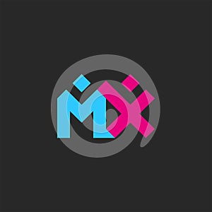 The letters MX logo, two letters M and X together in the form of abstract figures of a man and a woman in pink and blue photo
