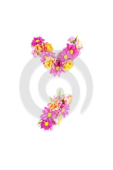 Letters and numbers made from live flowers isolated on white background, make text with flowers alphabet, exclusive idea for graph