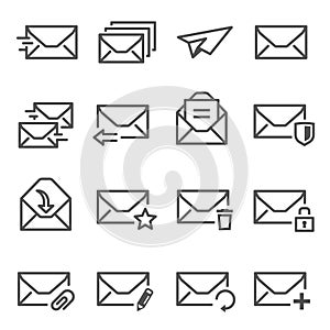 Letters, open, closed envelopes line icons set isolated on white. Mail with arrow, pencil, clip, lock.