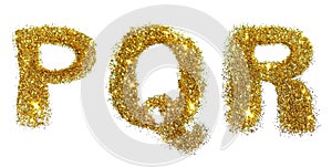 Letters P, Q, R of golden glitter sparkle on white background