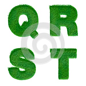 Letters Q,R,S,T made of green grass isolated on white