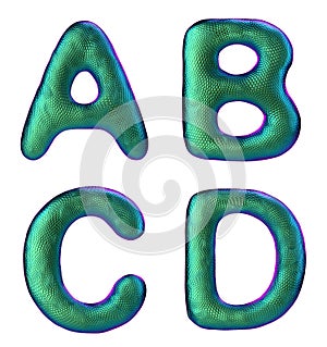 Letters set A, B, C, D made of realistic 3d render natural green snake skin texture.