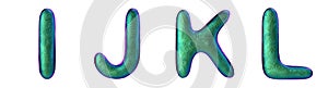 Letters set I, J, K, L made of realistic 3d render natural green snake skin texture.