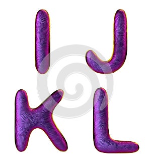 Letters set I, J, K, L made of realistic 3d render natural purple snake skin texture.