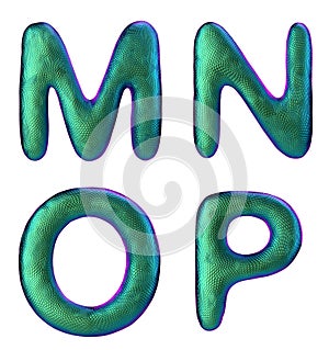 Letters set M, N, O, P made of realistic 3d render natural green snake skin texture.