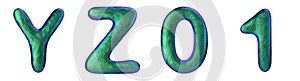 Letters set Y, Z, 0, 1 made of realistic 3d render natural green snake skin texture.