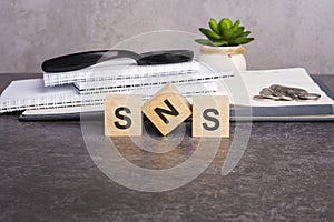 letters sns written on wooden cubes on a gray background. close-up of wooden elements. In the background is a green