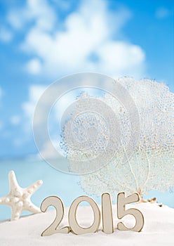 2015 letters with starfish, ocean ,white sand beach