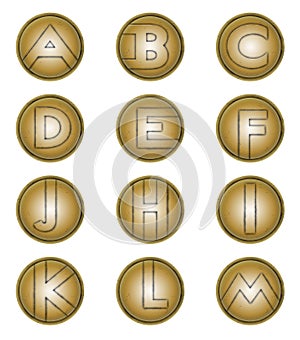 Letters A to M on bronze shields