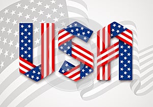 Letters USA made of interlaced ribbons with American flag`s stars and stripes.