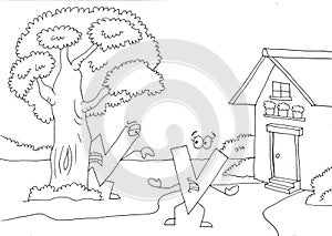 letters V and W playing hide and seek coloring page cartoon illustration