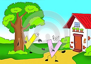letters V and W playing hide and seek full color cartoon illustration