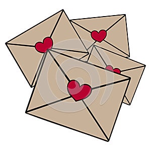 Letters. Vector illustration. Pack of love letters with a seal in the form of a heart. Message for loved ones. Isolated.