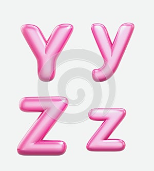 Letters Y, Z,bublle. Font bubble gum. 3D render set of pink cartoon. Bubble Gum isolated on white background