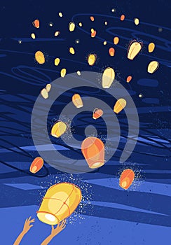 Letting out Ñhinese lanterns in the night sky , vector illustration