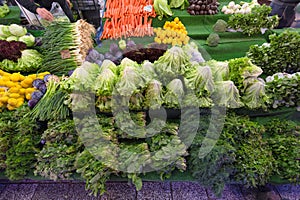 Lettuce ane organic vegetables for sale at a local farmer`s market, fresh harvest