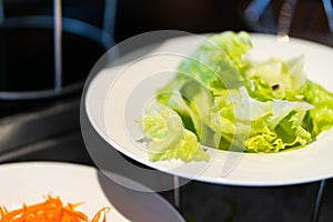 Lettuce in a clean plate in the dining room in the morning at breakfast