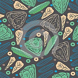 Lettuce and Cucumber-Vegi Delight seamless Repeat Pattern illustration.Background in ,green blue and brown.